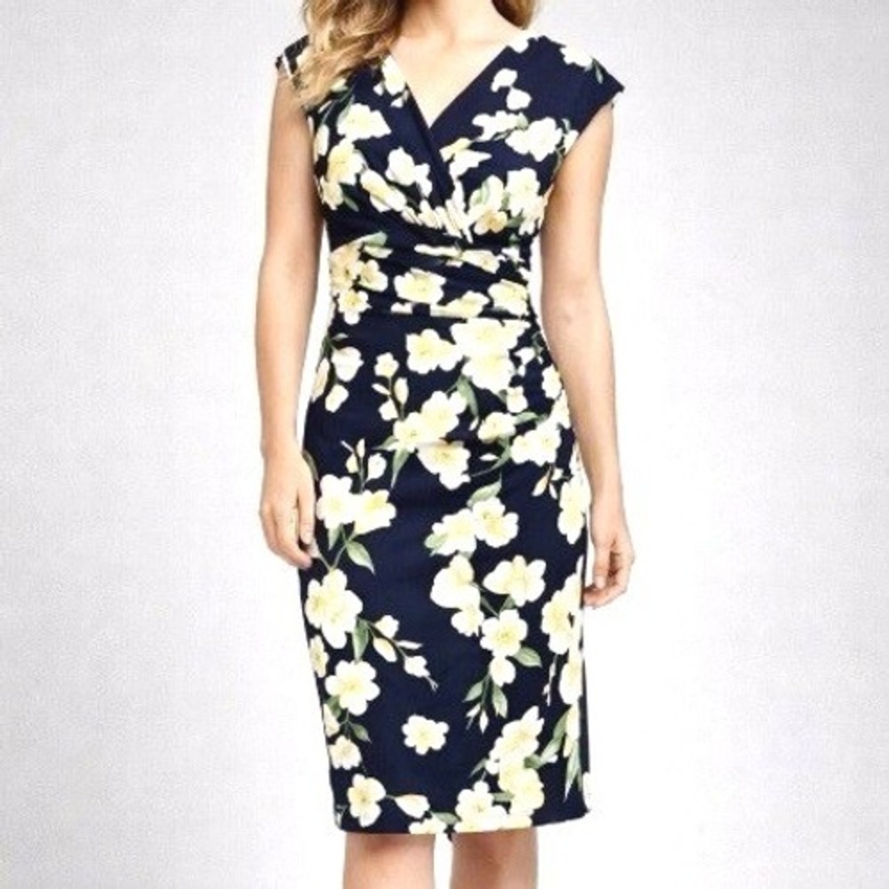 LAUREN RALPH LAUREN Women's 12 Petite Black Yellow Floral Ruched Sheath Dress